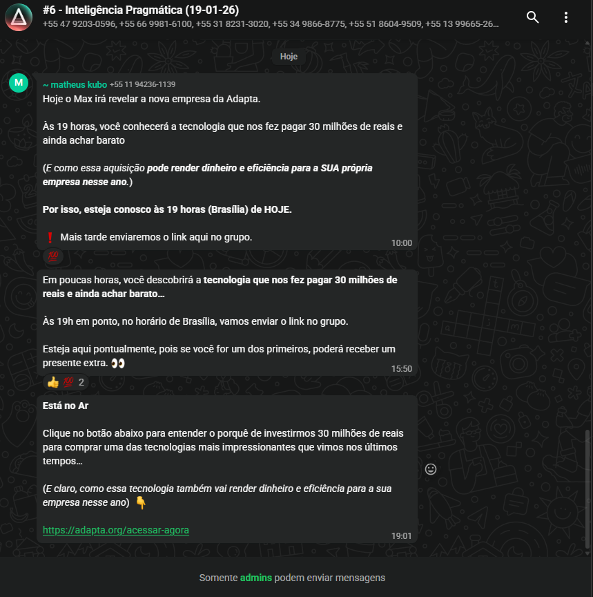WhatsApp grupo Adapta - mensagens de antecipação